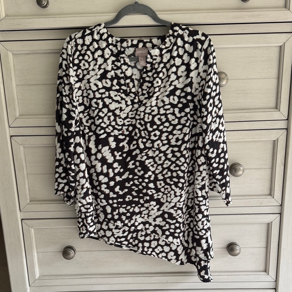 Chico's Asymmetrical Black, Chocolate Brown and White Animal Print Tunic SZ M